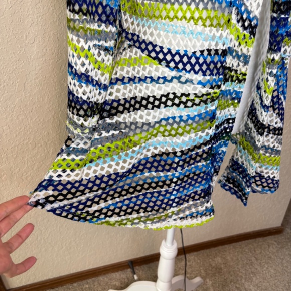 Frank Lyman Design Blue Green Crochet Open Front Cardigan Jacket Women's Size 12 - Picture 10 of 11